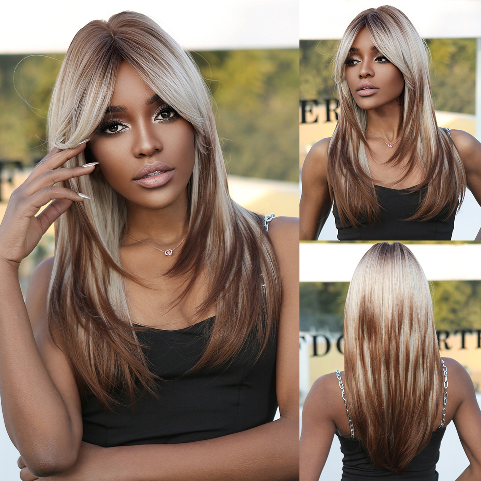 Long Straight Blonde Layered Synthetic Wigs Brown Balayage Ombre Wigs With Bang for  Women Cosplay Costume Heat Resistant
