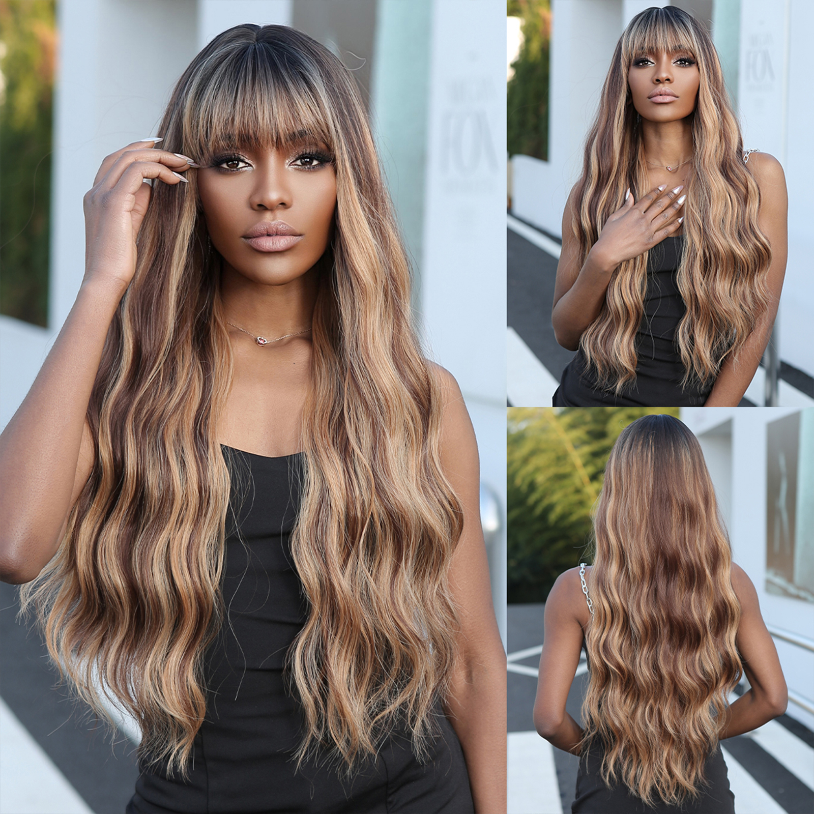 Brown Curly Synthetic Wig Long Brown Balayage Highlights Wavy Wigs With Bangs 