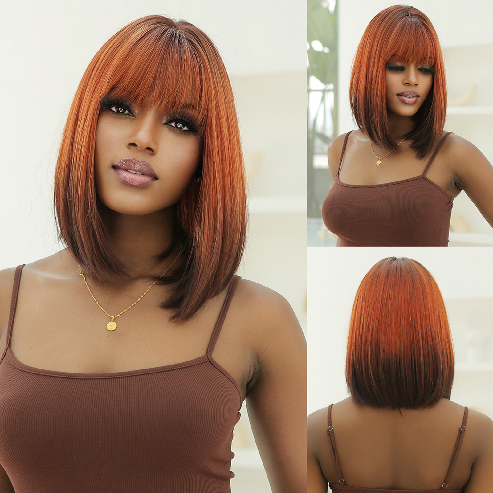 Brown Ombre Orange Synthetic Wigs Cosplay Bob Straight Wigs with Bangs Short Wig for Women Halloween Daily Heat Resistant Hairs
