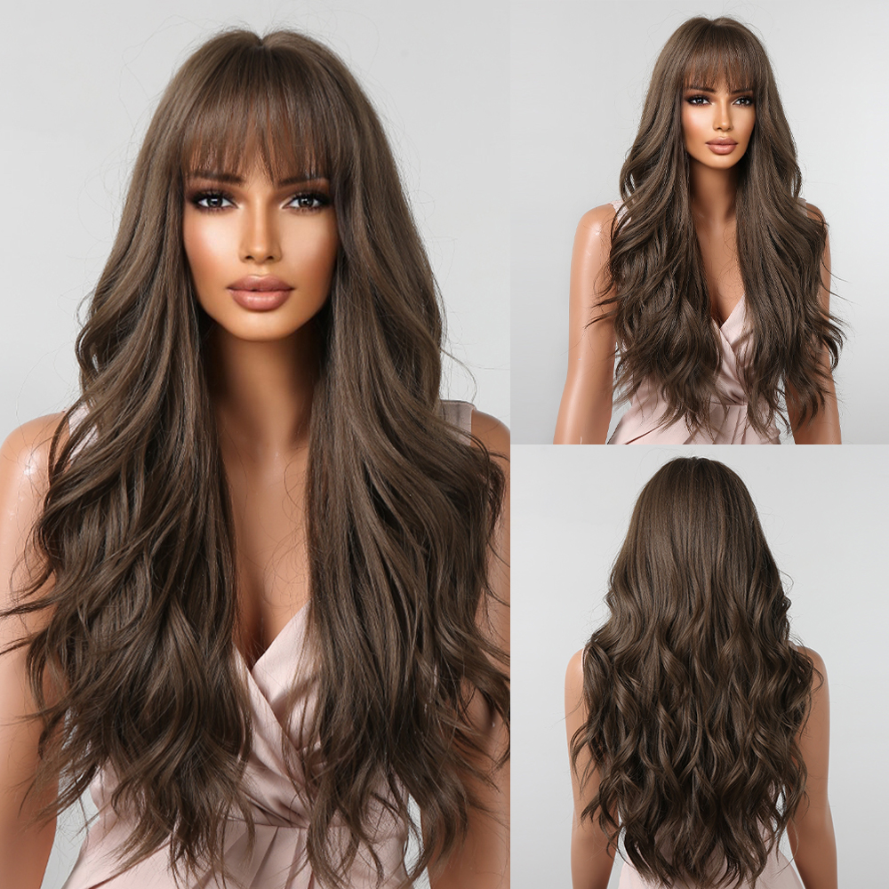 Brown Synthetic Wigs for Women Long Natural Hair Wavy Wig with Bangs Cosplay Daily Party Heat Resistant Fiber Wig