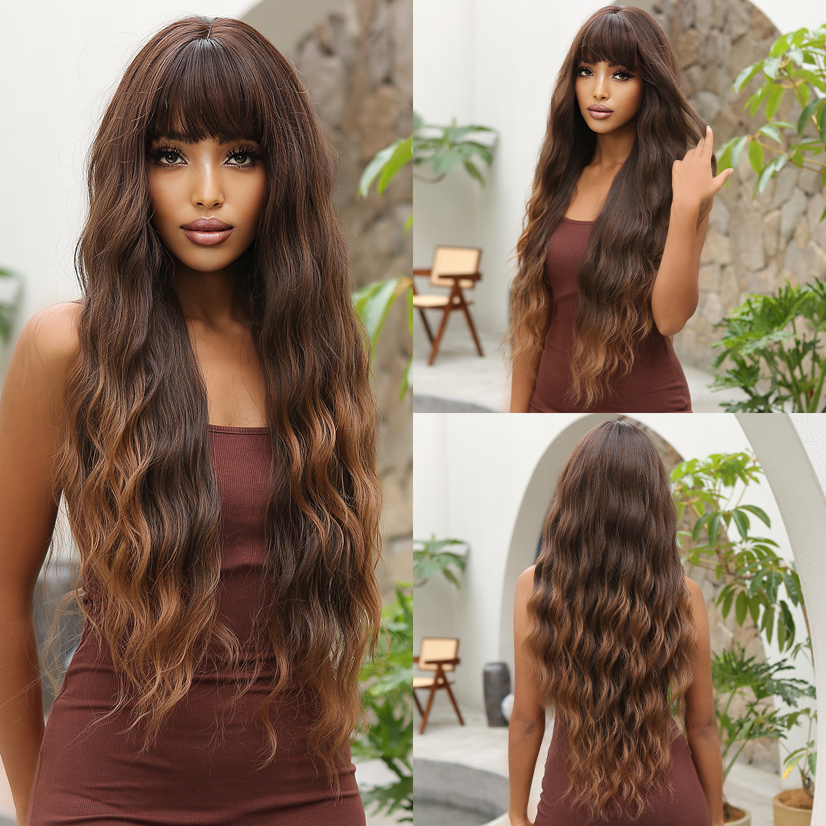 Chocolate Caramel Brown Synthetic Hair Wigs Long Body Wave Cosplay Wig with Bangs for Afro Women Natural Heat Resistant Fiber
