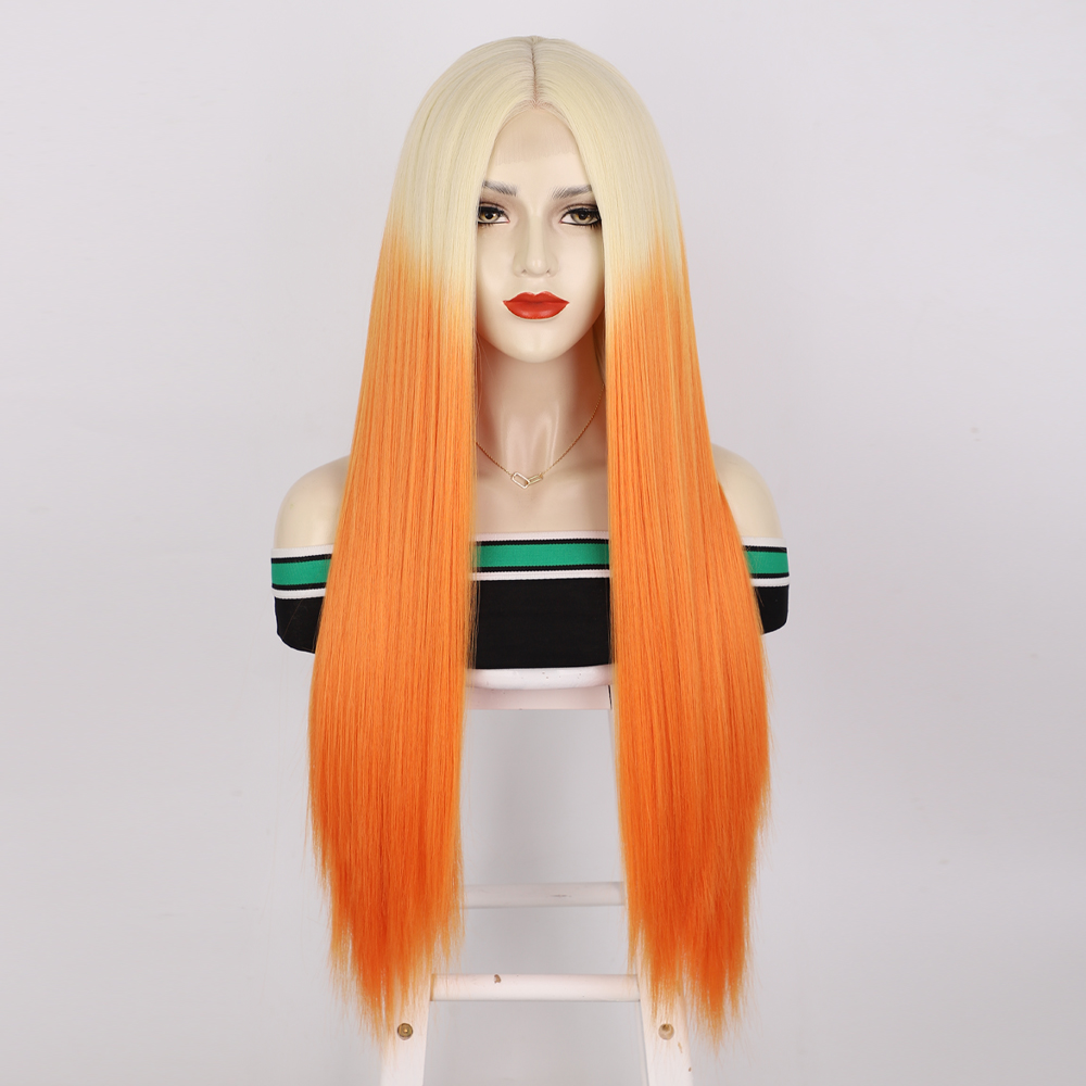 32 inch Synthetic Lace Wig Female Long Straight Ginger Color Middle Parting Hair High Temperature Resistance Cosplay For Women