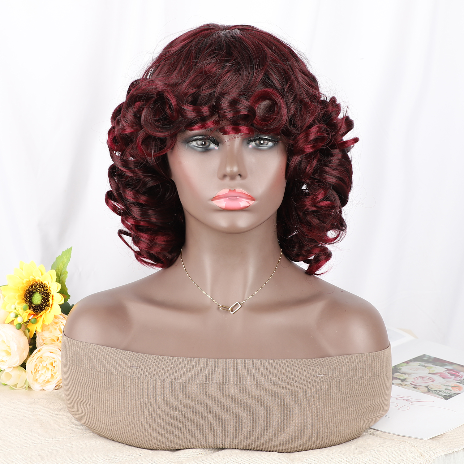 Short Big Curly Afro Synthetic Wig With Bangs For Women Soft Natural Looking