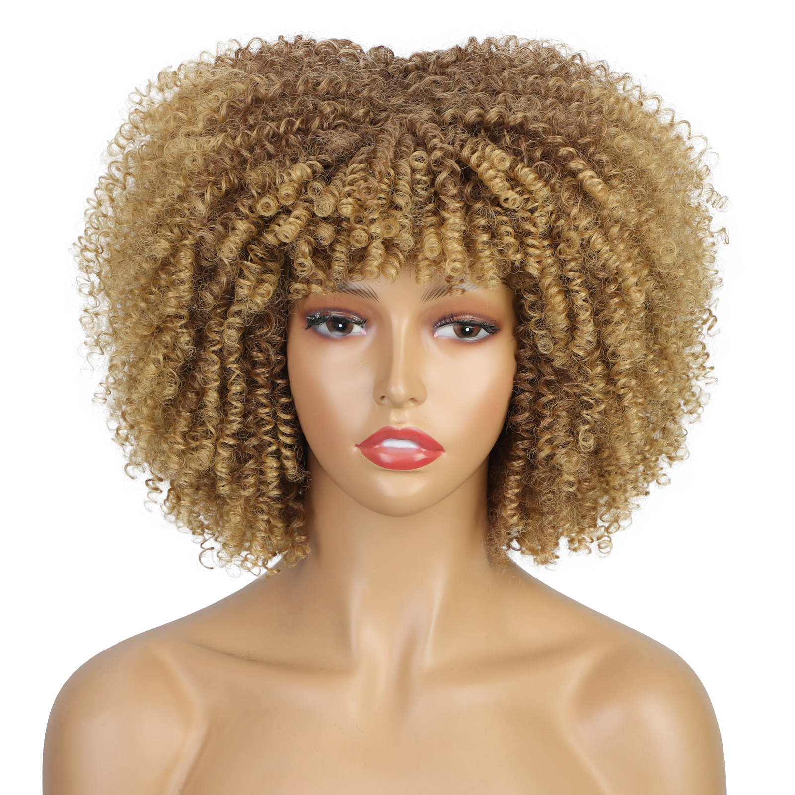 12 Inch Short Hair Kinky Curly Wig With Bangs For Women Cosplay Natural Hair Ombre Mixed Brown Wigs