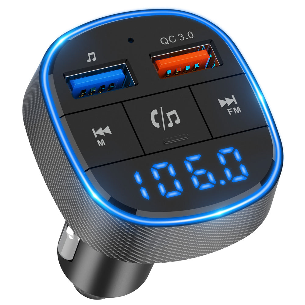 Newest Bluetooth Car Charger FM Transmitter Dual USB QC3.0+1A Blue Light Voice Assistant