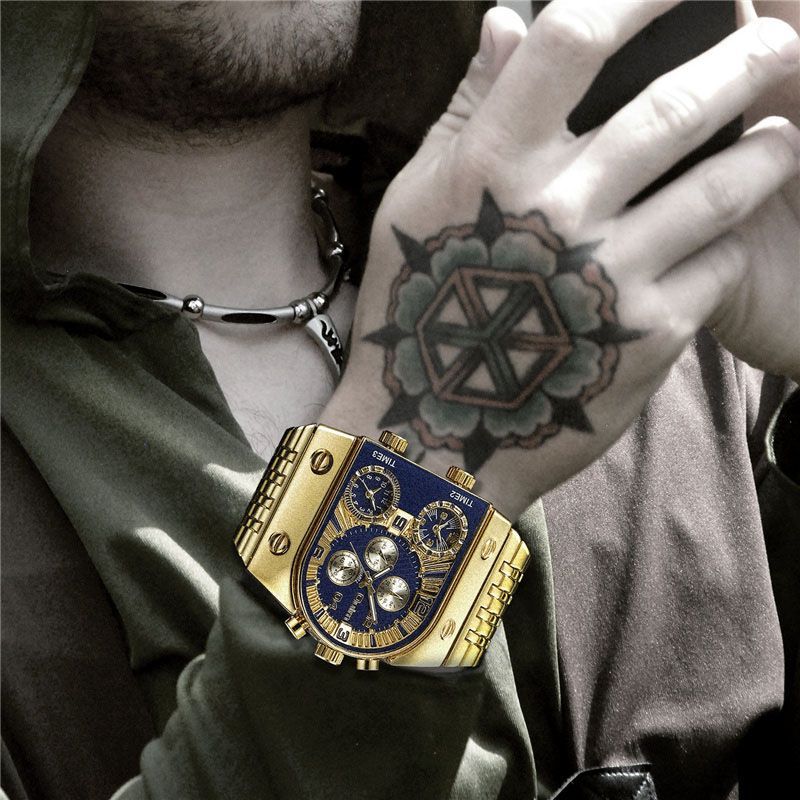 2022 New Gold Watch Men Quartz 3 Time Zone Large Watch