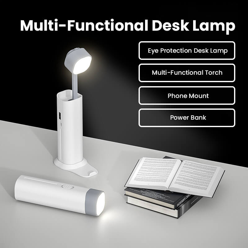 5 in 1 Multi-Functional Torch | Portable LED Eye Protection Desk Lamp | Phone Mount | Power Bank | Charger