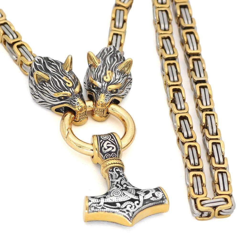 MASSIVE STAINLESS STEEL WOLF KING CHAIN WITH MJOLNIR