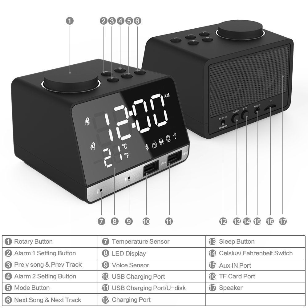 4 in 1 USB LED Alarm Clock + FM Radio + Wireless bluetooth Speaker + 2 USB Charger Port Digital Display