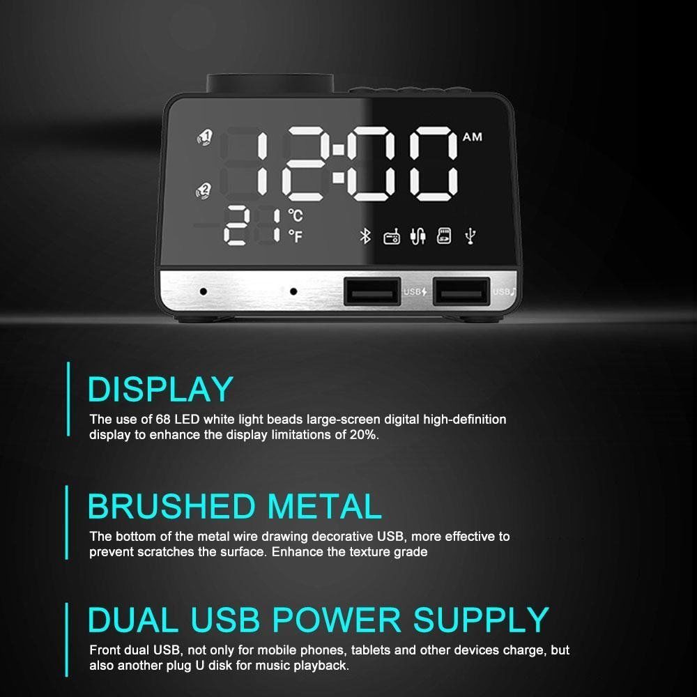 4 in 1 USB LED Alarm Clock + FM Radio + Wireless bluetooth Speaker + 2 USB Charger Port Digital Display