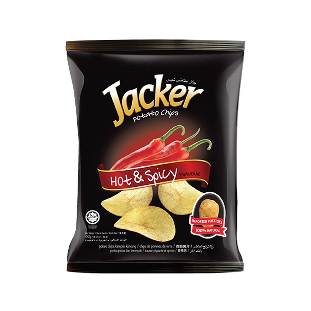 Jacker Potato Chips Hot Spicy , BBQ , Natural 60gr-kkonline