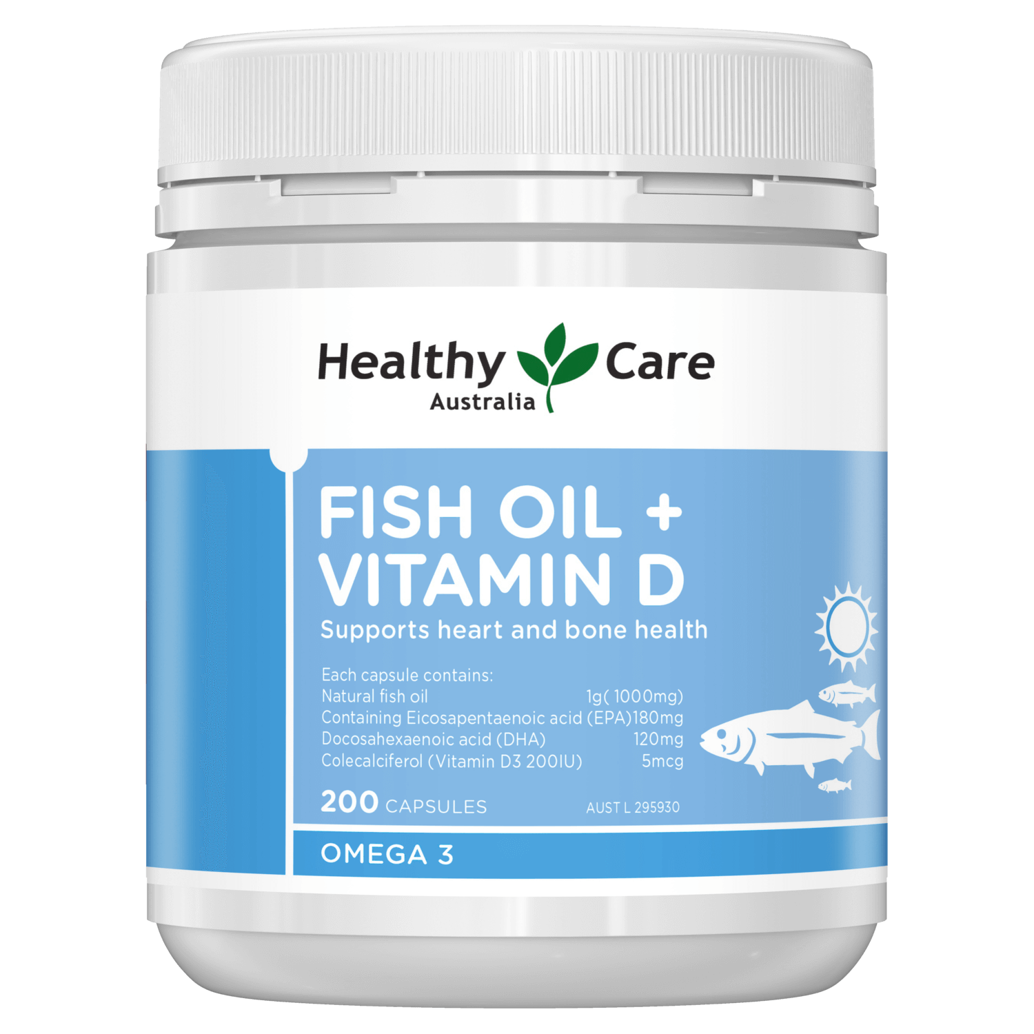 Healthy Care Fish Oil + Vitamin D3 200 Softgel Capsules
