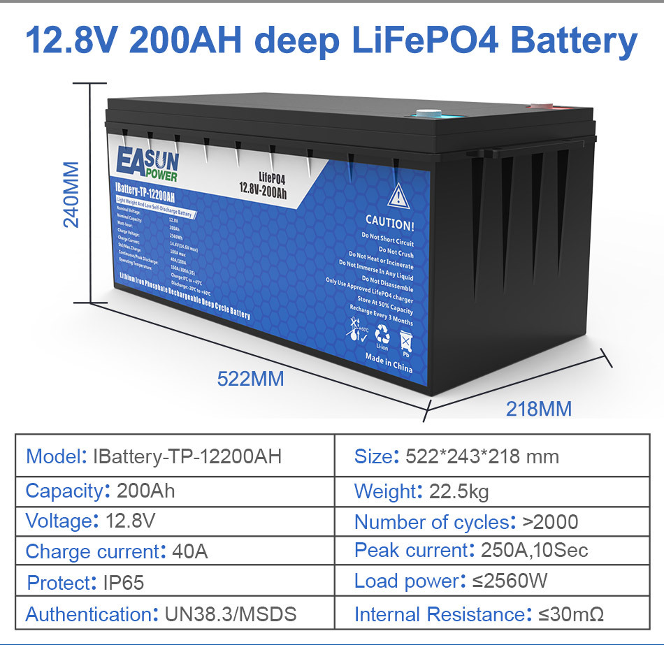Easun Power 12.8V 200AH LiFePO4 Battery Pack BMS Grade A Cell No Tax