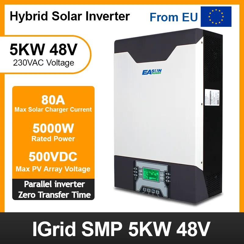 From EU Easun Power 5000W Solar Inverter 5Kva 500Vdc PV 80A MPPT Parallel Inverter 230V 48V Pure Sine Wave Hybrid Inverter Battery Charger