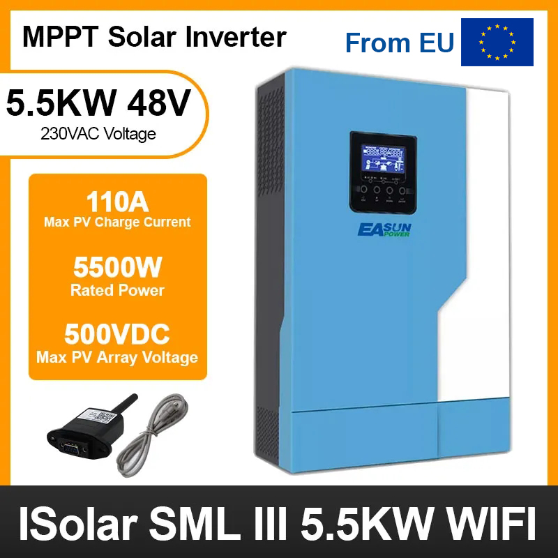 From EU EASUN POWER Soalr off grid Inverter  5.5KW  500Vdc  MPPT 110A Solar Charger 500VDC PV input  220VAC 48VDC 5.5KW Pure Sine Wave hybrid inverter With WiFI 