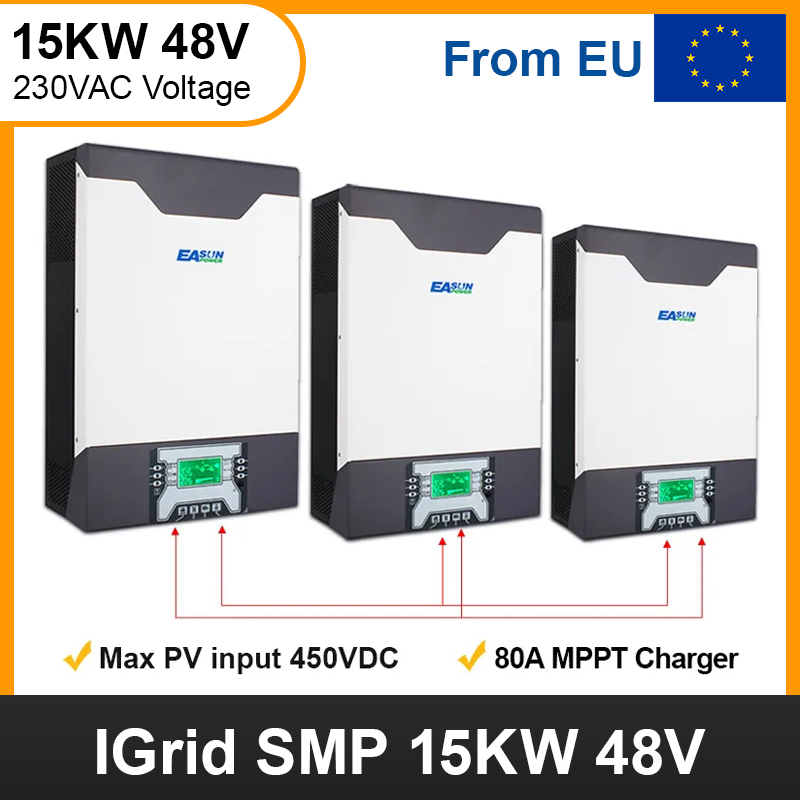 EASUN Solar Inverter 500VDC 15000W 80A MPPT 48V 230VAC Pure Sine Wave Off-Grid+Grid-Tied 1 phase&3 phase From EU