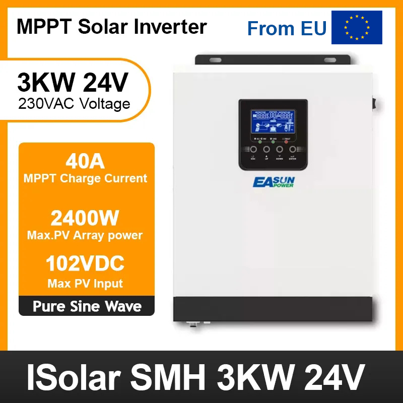 From EU EASUN POWER Solar Inverter 3KVA 2400W 230VAC Off Grid Inverter Pure Sine Wave Solar Charger Built in MPPT 40A 24V Battery Charger 50/60Hz