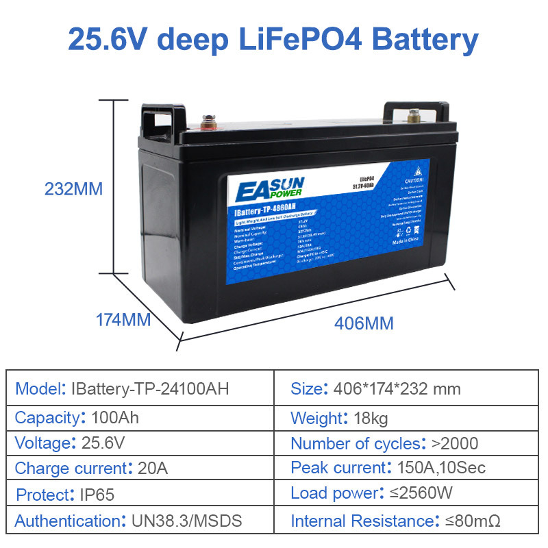 Easun 24V 100AH Lifepo4 Battery Built-in BMS Grade A Cell No Tax For Home Storage