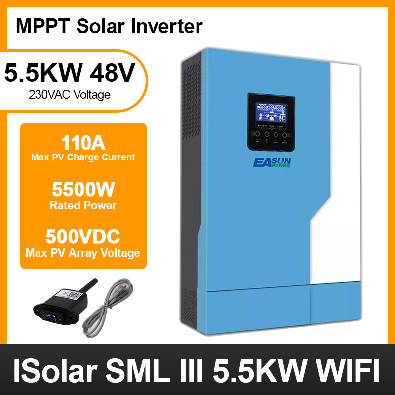 From EU EASUN POWER Soalr off grid Inverter  5.5KW  500Vdc  MPPT 100A Solar Charger 500VDC PV input  220VAC 48VDC 5.5KW Pure Sine Wave hybrid inverter With WiFI 