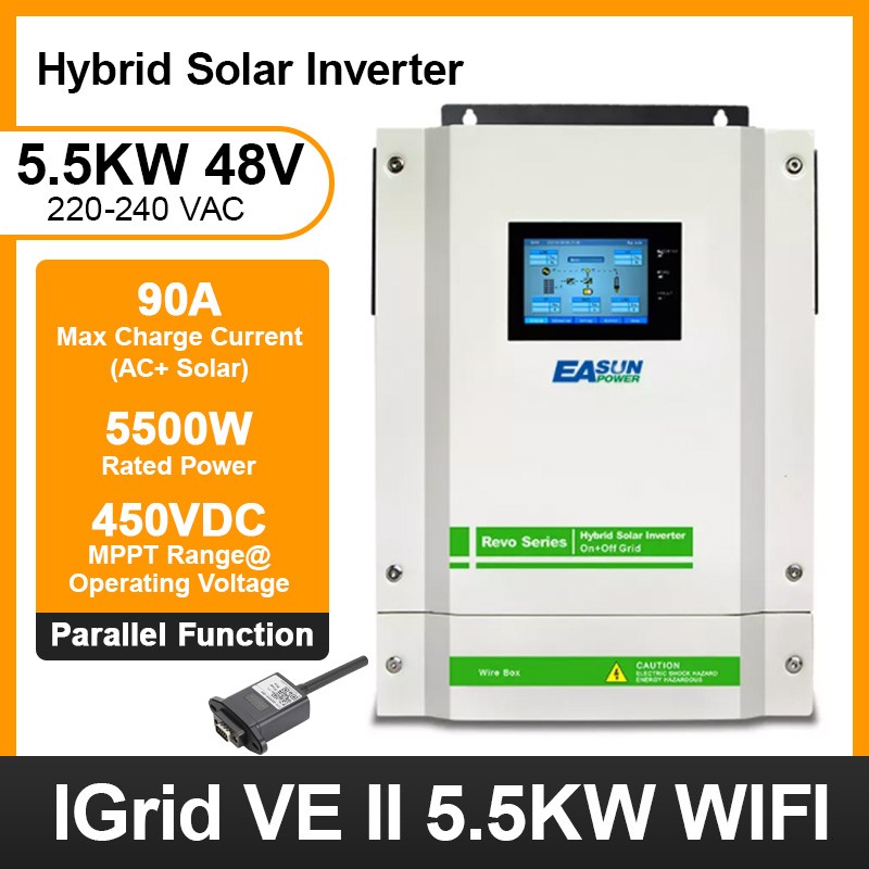 EASUN POWER Hybrid Solar Inverter 5500W 90A MPPT Charger 220V 48V 5.5KW 450Vdc Parallel  Grid Tied Touch Screen Inverter