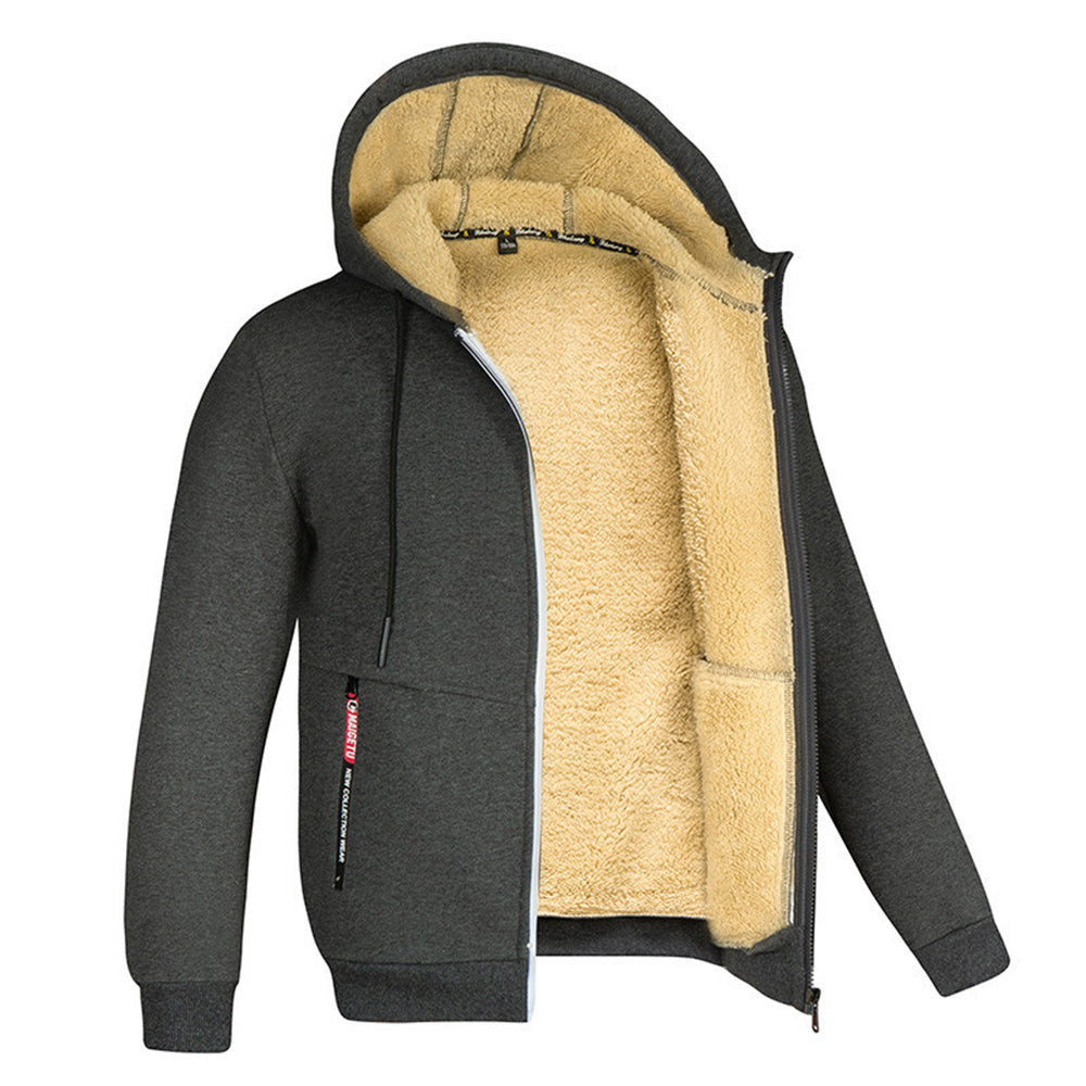 Reemelody Men's all-match plus fleece thickened zipper hooded sweater cardigan jacket