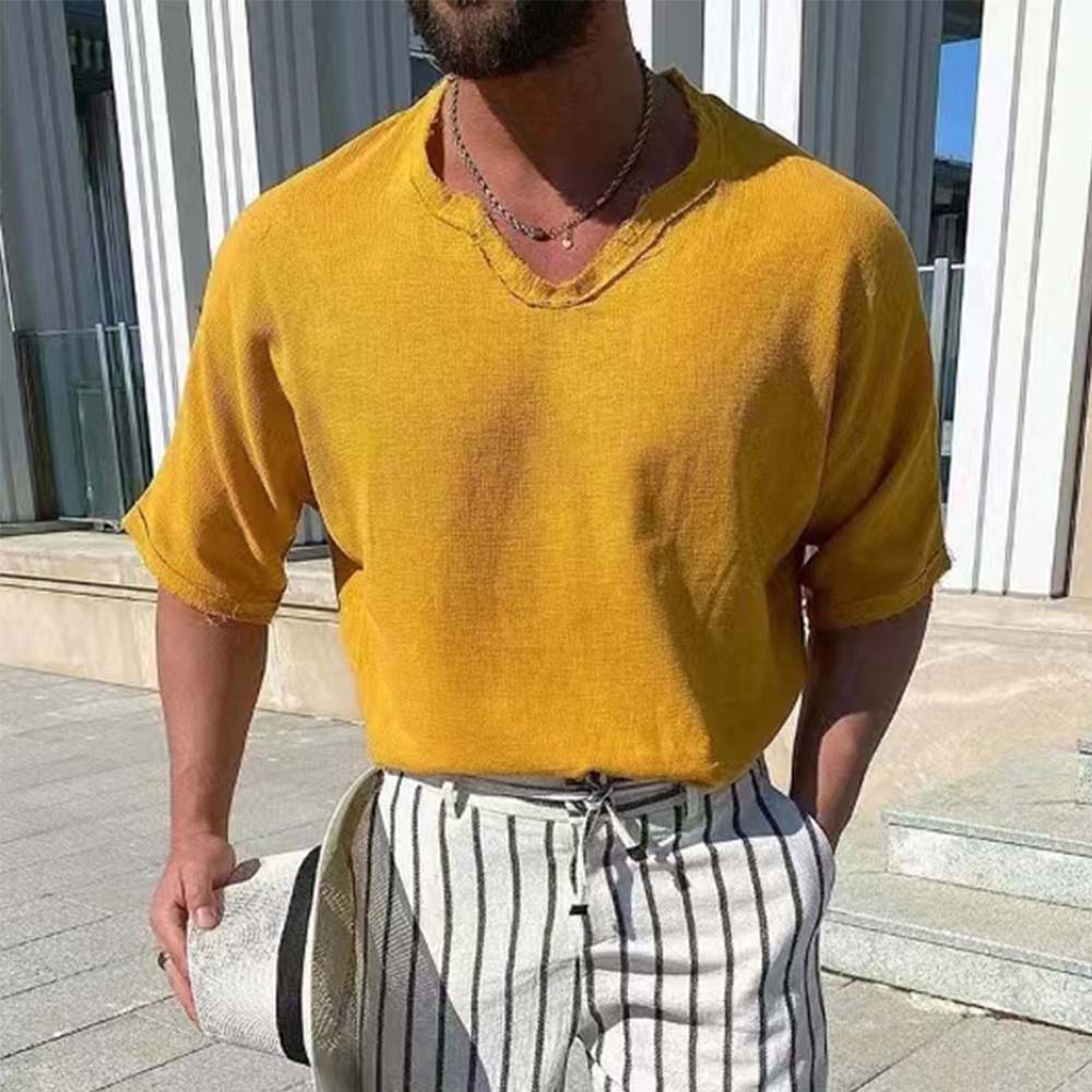 Reemelody 2023 summer new men's solid color V-neck cotton and linen short sleeves