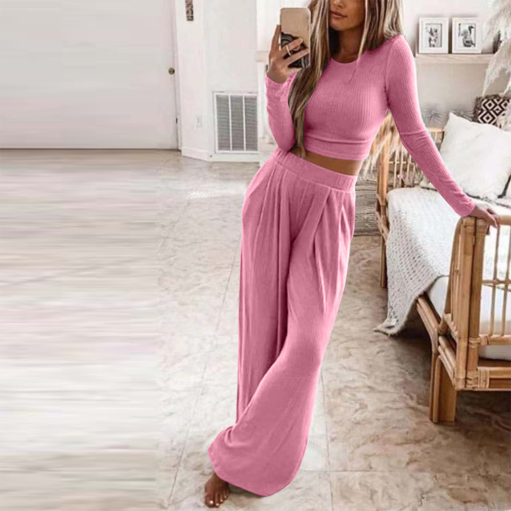 Reemelody Women's solid color knitted casual home two piece suit Spring and Autumn New Ladies Solid Color Knitted Suit Casual Home and Outerwear Two-piece Set