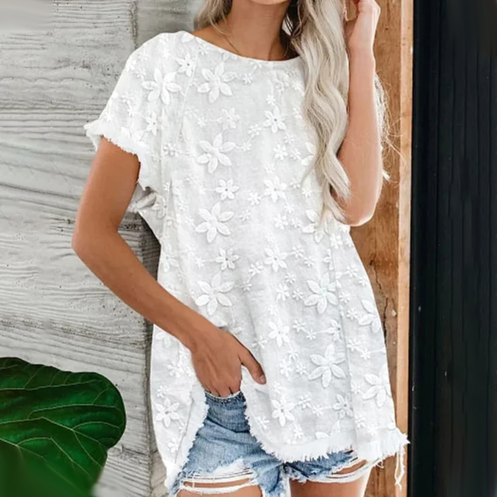 Reemelody Summer New Loose Embroidered Tassel Raw Edge Ladies Short Sleeves