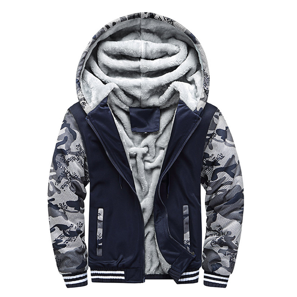 Reemelody Men's Camouflage Fleece Thickened Hooded Coat
