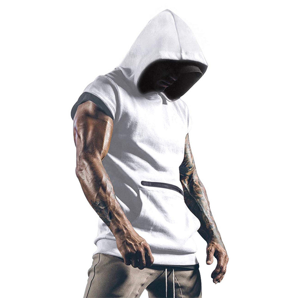 Men's Sleeveless Sports Vest Outdoor Fitness Solid Color Hoodie