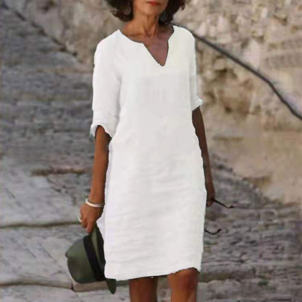Reemelody Summer new cotton and linen V-neck mid-sleeved dress