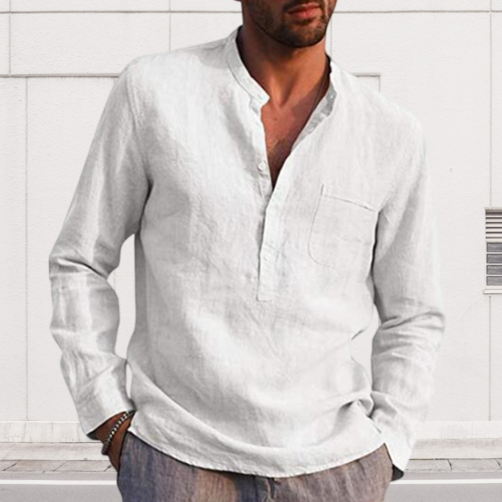 Reemelody Men's Long Sleeve V Neck Casual Beach Linen Shirt