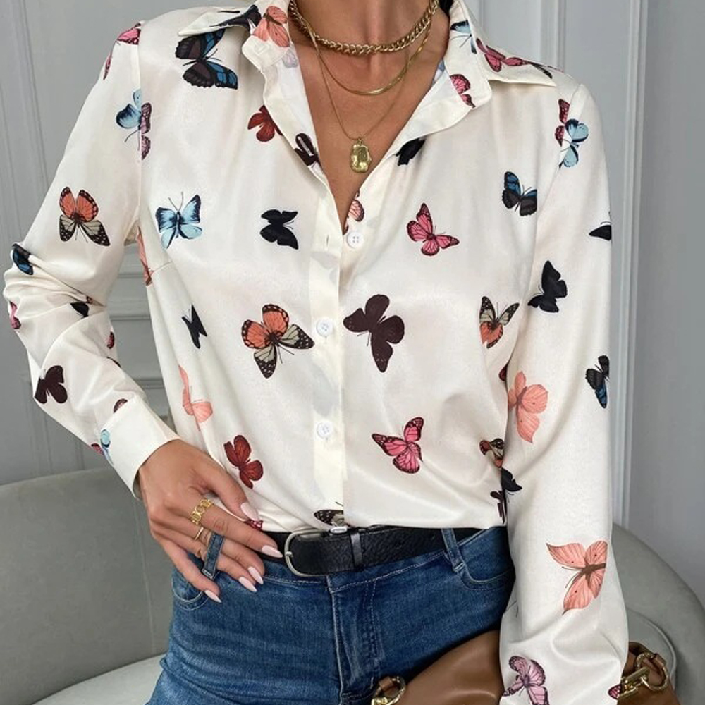 Reemelody New Women's Fashion Butterfly Print Long Sleeve Lapel Shirt