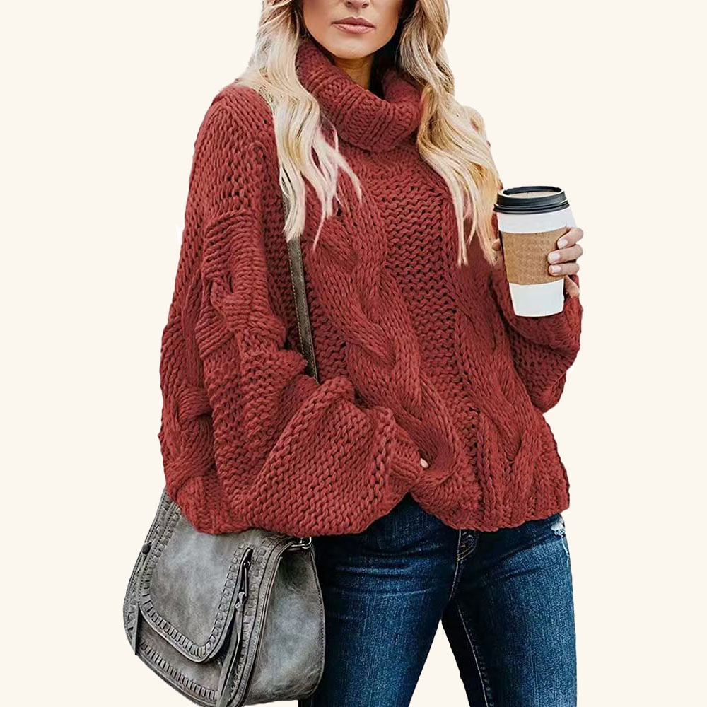 Reemelody New Ladies Fashion Casual Style Solid Color Twisted Loose Turtleneck Sweater
