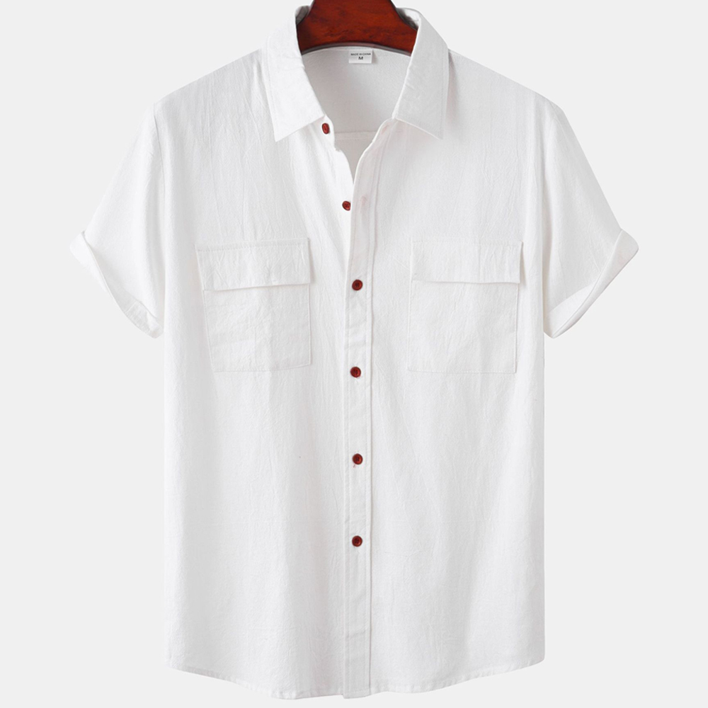 Reemelody Solid color double pocket linen short sleeve shirt for men