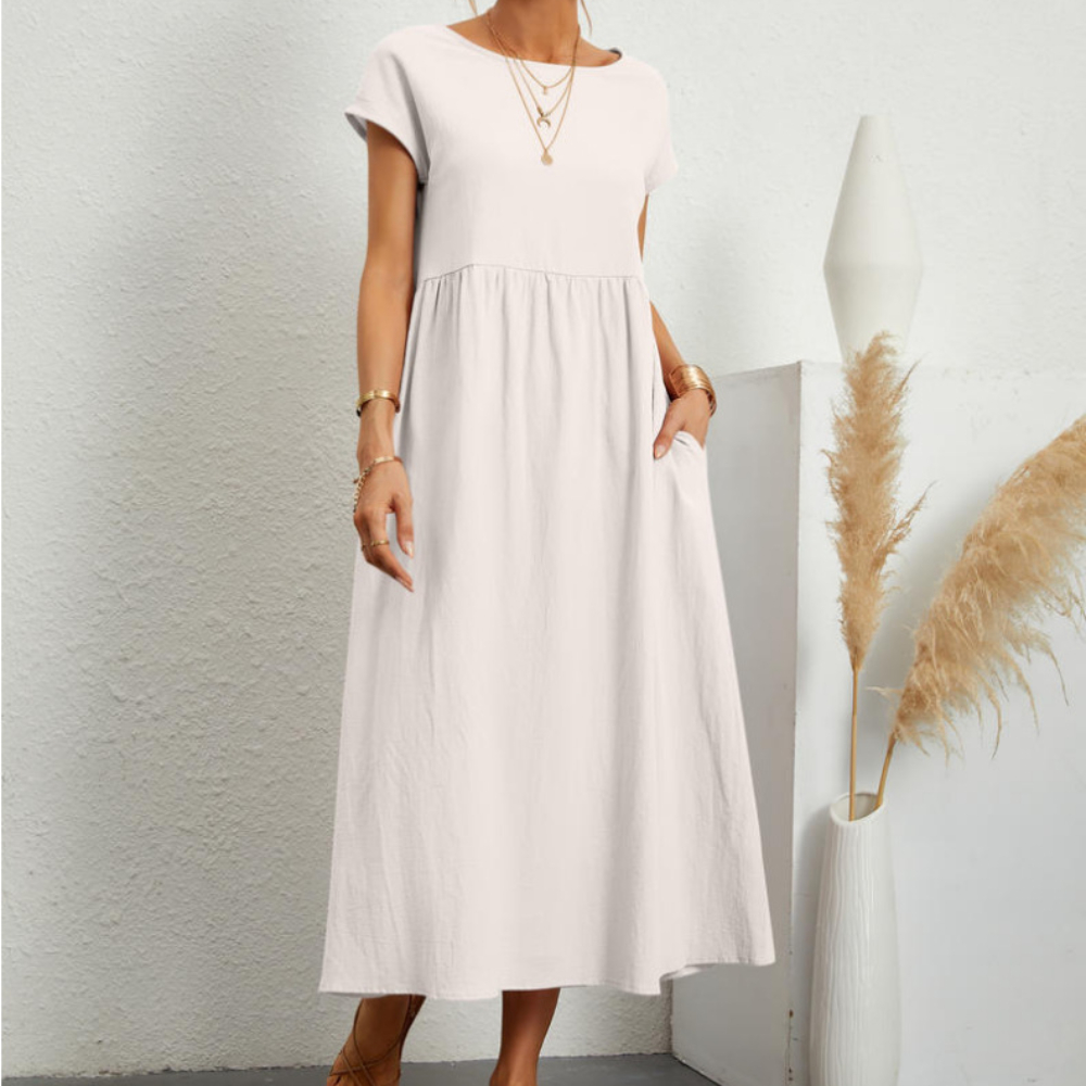 Reemelody Summer new solid color sleeveless loose cotton linen pocket women's dress
