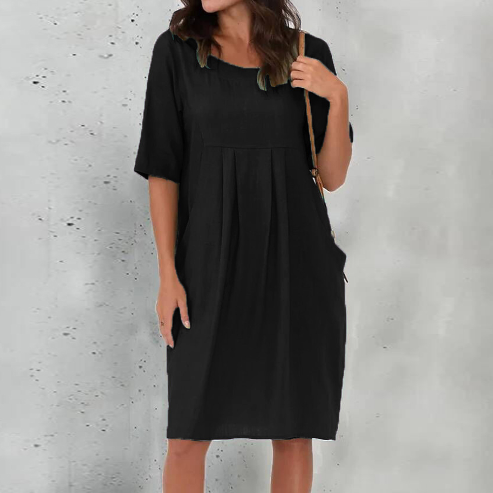 Reemelody Summer new cotton and linen casual loose round neck mid-sleeve dress