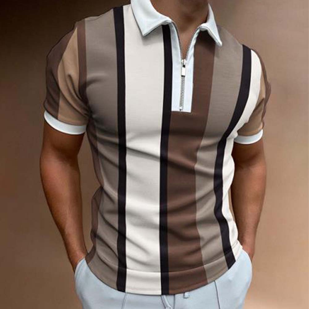 Reemelody Short sleeve striped zip summer polo for men