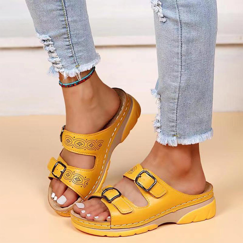 Reemelody Summer new bohemian style buckle leather wedge sandals