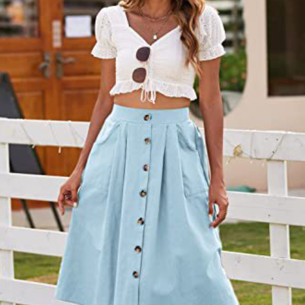 Reemelody Summer new casual button A-line skirt high waist skirt