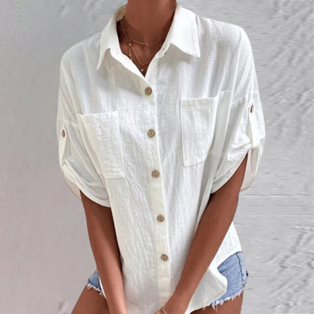 Reemelody Women's Cotton Linen Shirt with Pocket Lapel
