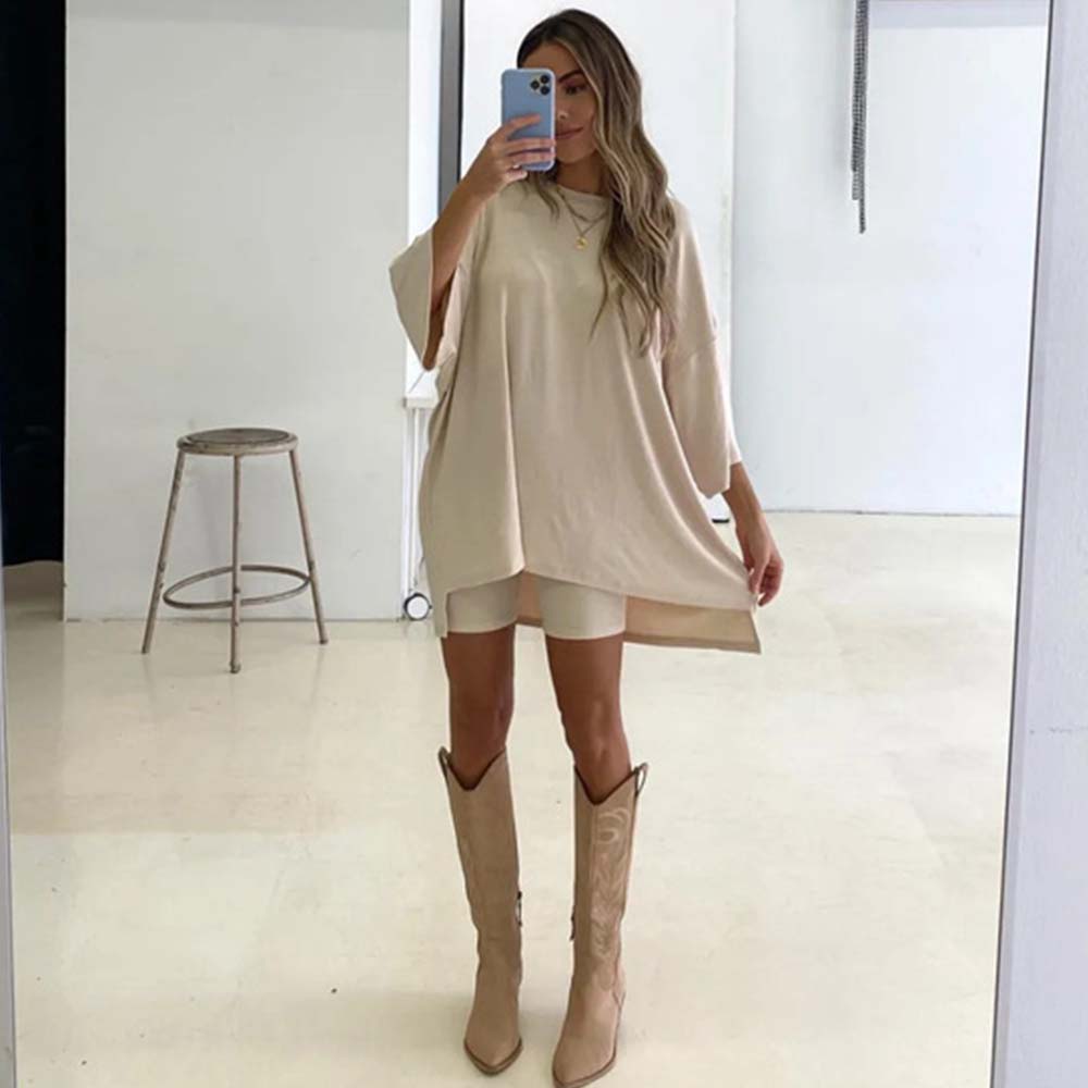 Reemelody New Ladies Trendy Homewear Loose Long Sleeve Slim Shorts Going Out Two-piece Set