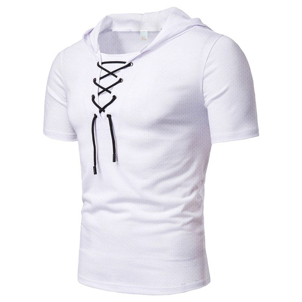 Lace-up short-sleeved hooded T-shirt