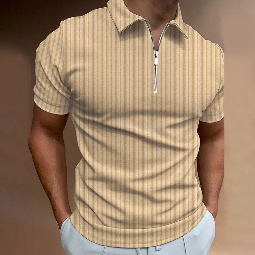 Reemelody Men's Fashion Stripe Zipper Polo Neck Short Sleeves