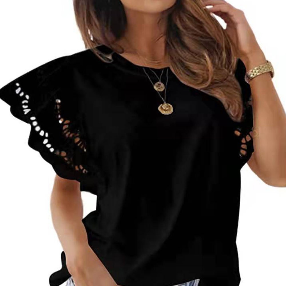Reemelody Ladies Solid Color Round Neck Lace Short Sleeve Top
