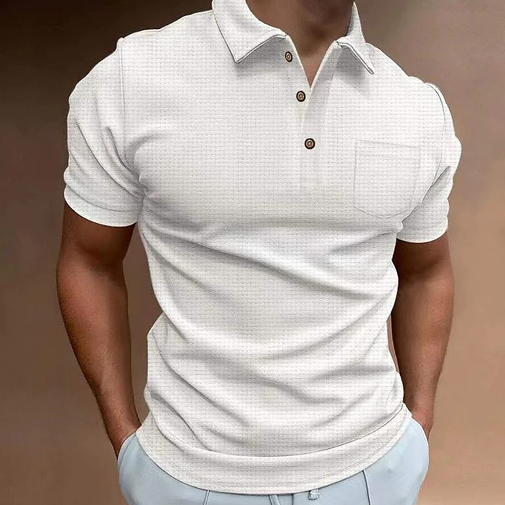 Reemelody New waffle men's polo shirt short sleeve button down T-shirt top
