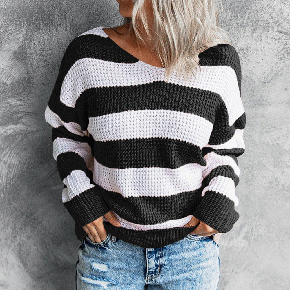 Reemelody™ V-Neck Striped Panel Knit Ladies Top