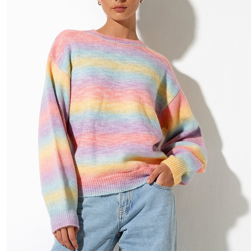 Reemelody™ Rainbow Color Gradient Crew Neck Women's Sweater