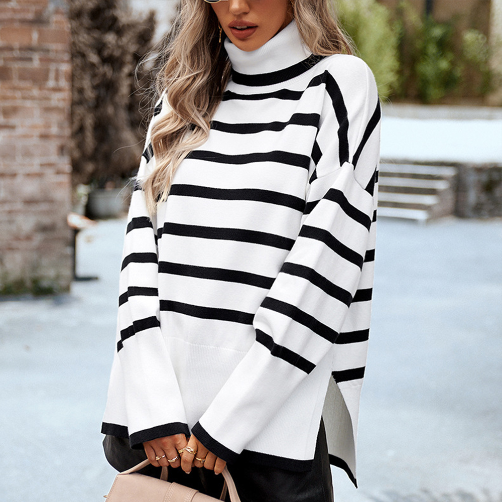 Reemelody New autumn and winter loose casual striped turtleneck sweater for women