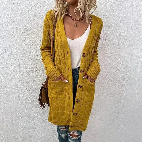 Reemelody Autumn and winter new pocket solid color knitted long sweater cardigan jacket